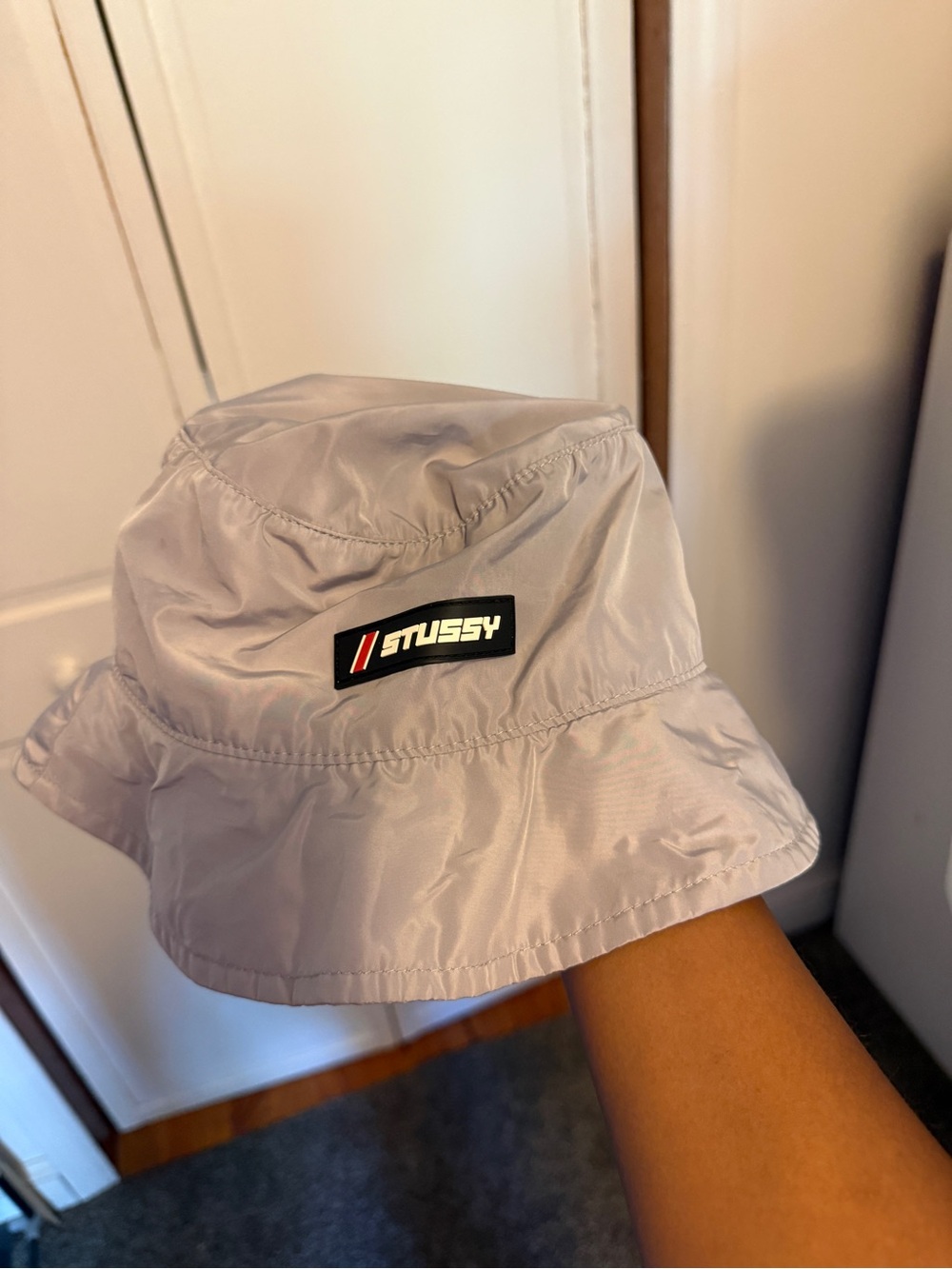 Stussy Light Gray Nylon Bucket Hat with Logo Patch
